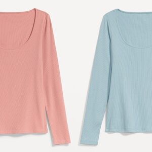 EUC Old Navy Women's Blue/Pink Fitted Long-Sleeve Rib-Knit Top Bundle XL